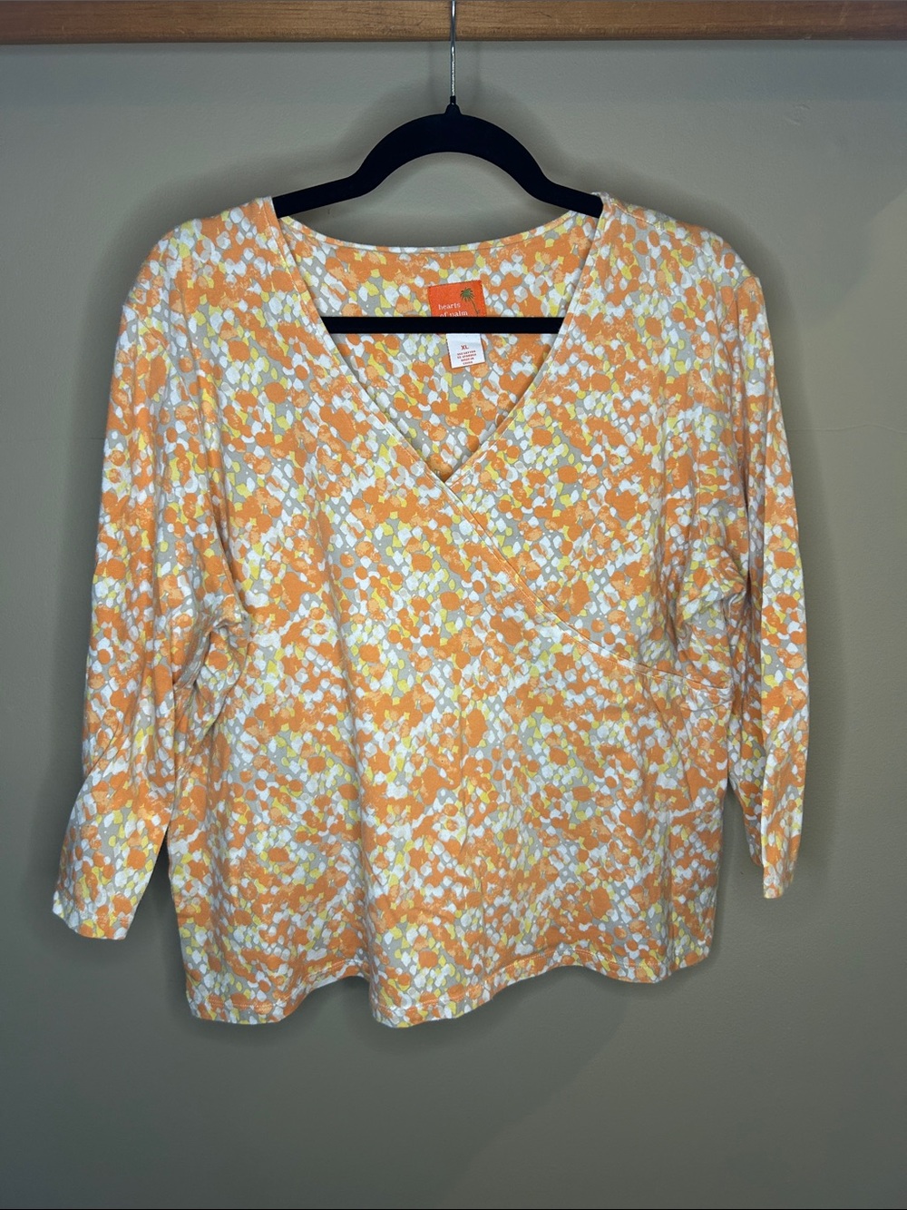 hearts of palm Orange and White Printed V-Neck Wrap Blouse